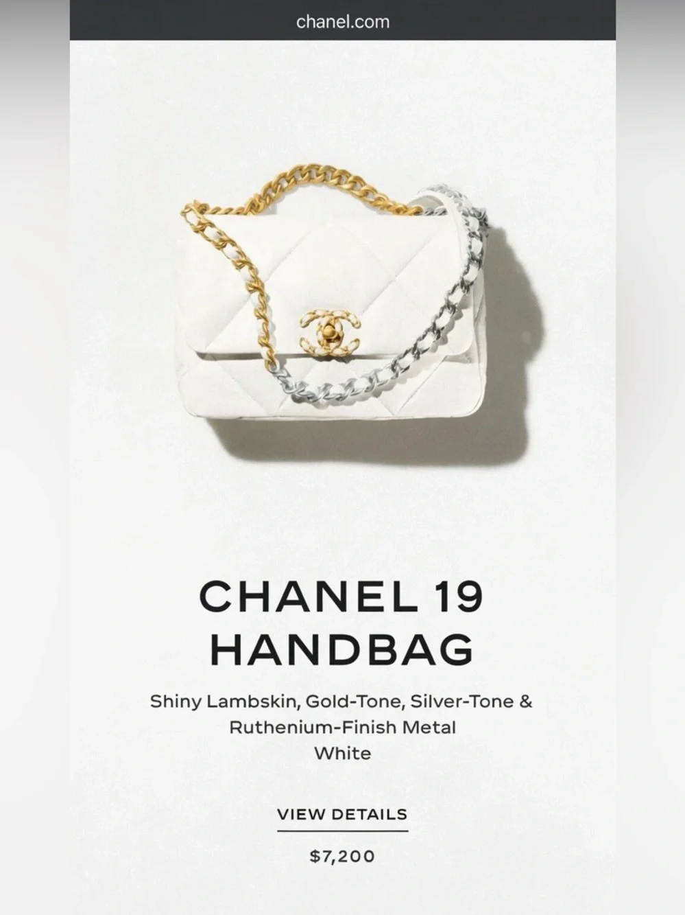 NWT CHANEL White Quilted 19 Handbag with Gold & Silver Chain